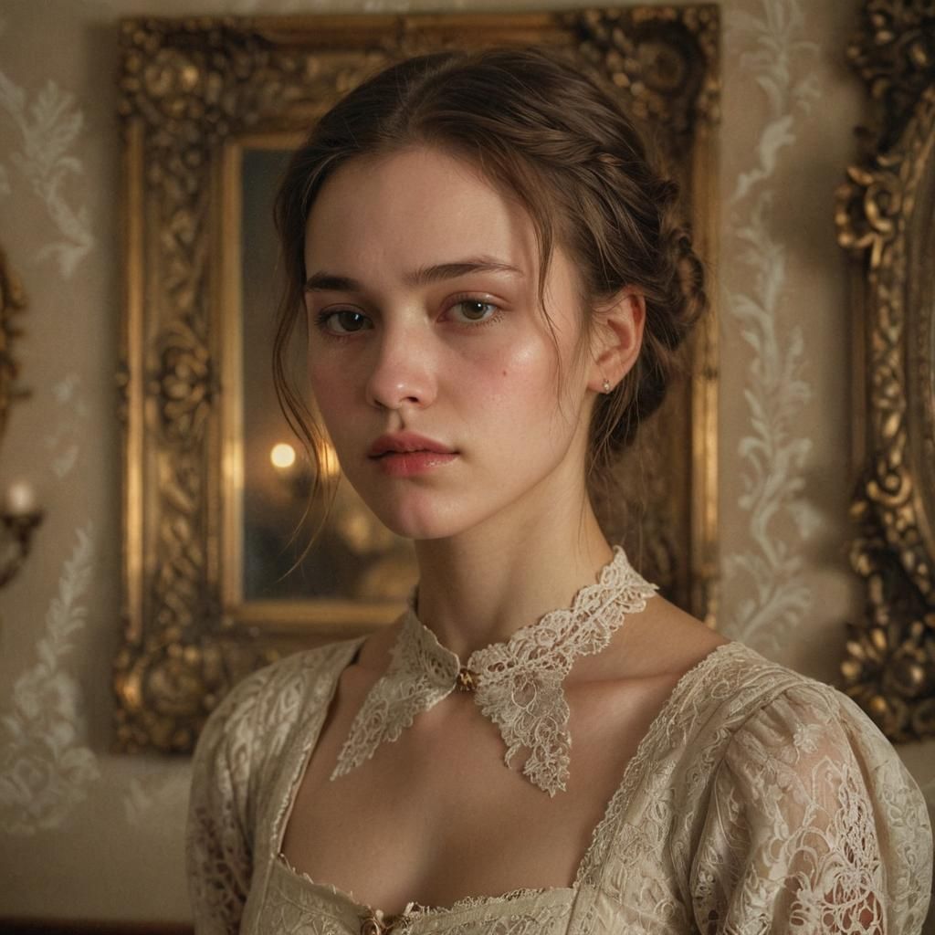 Melancholic Woman in Ornate Room, Hyperrealistic Portrait