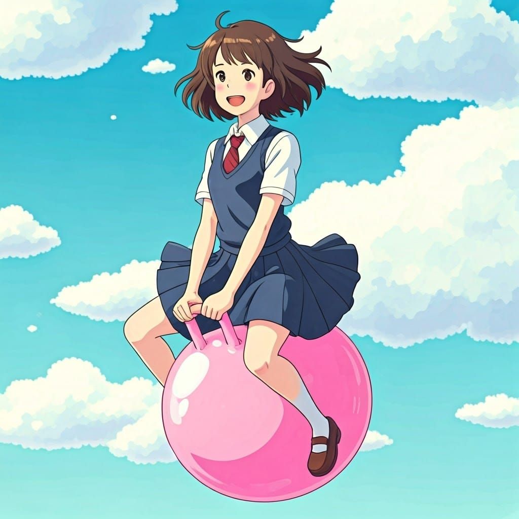 Ghibli-Style School Girl Bouncing on Space Hopper