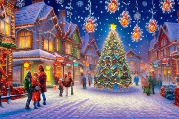 Festive Winter Scene with Christmas Lights in Folk Art Style