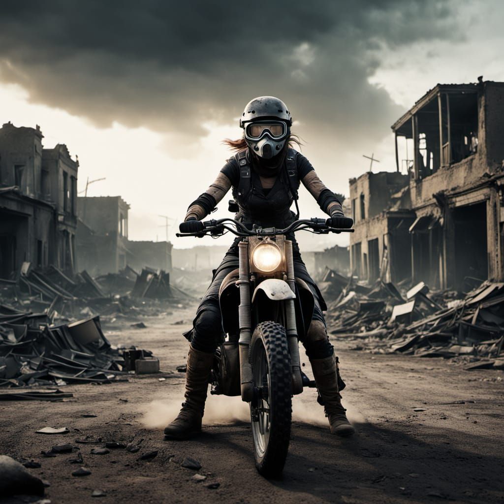 Post-Apocalyptic Scavenger Rides Into Ruined Town