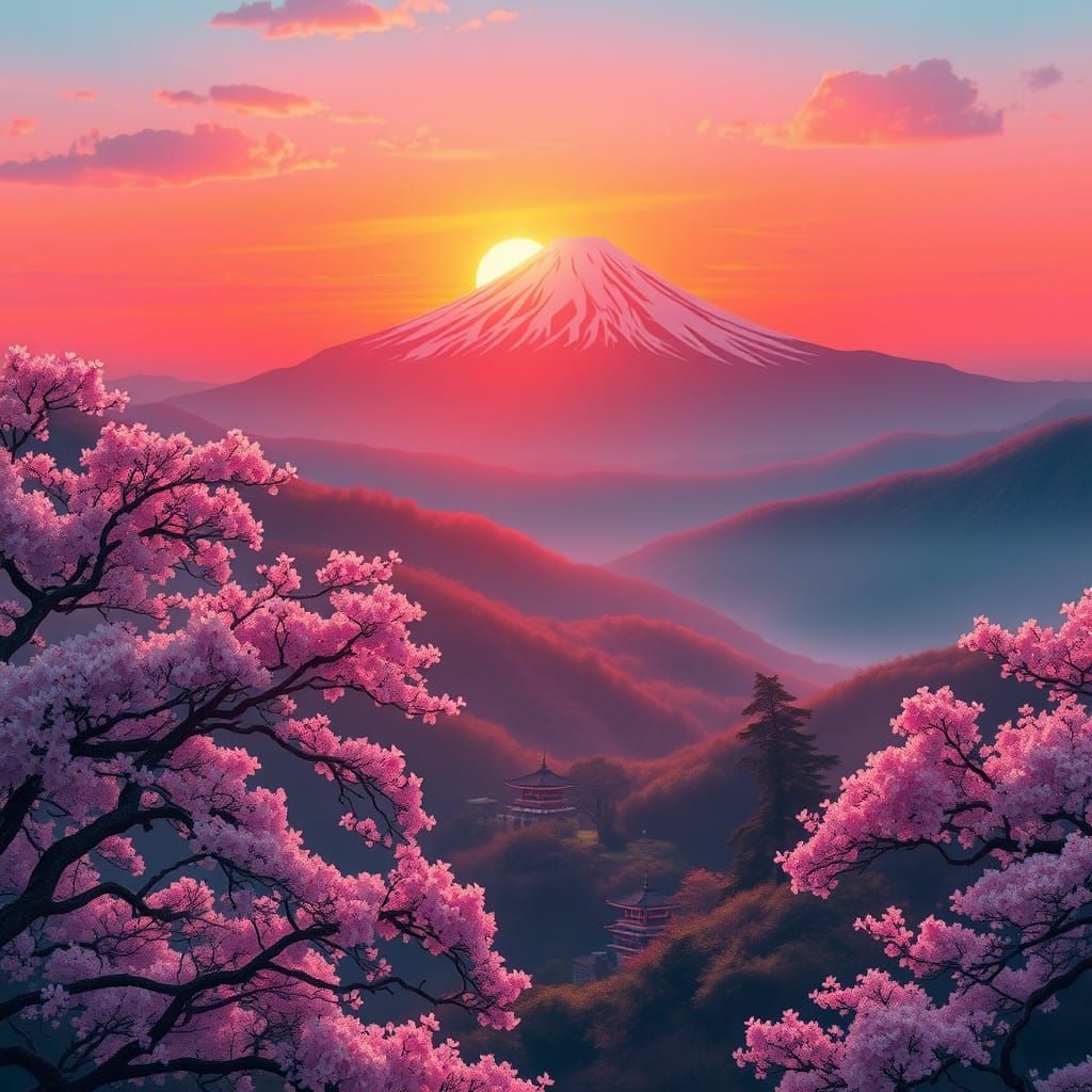 Sunrise Over Japan: Mount Fuji and Cherry Blossoms