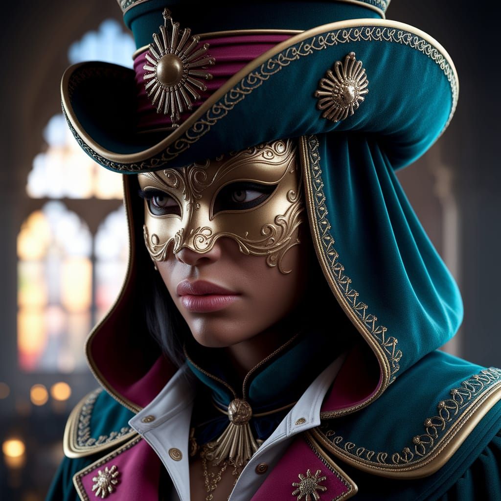 Black Female Assassin in Venetian Mask, Hyperrealistic Splas...