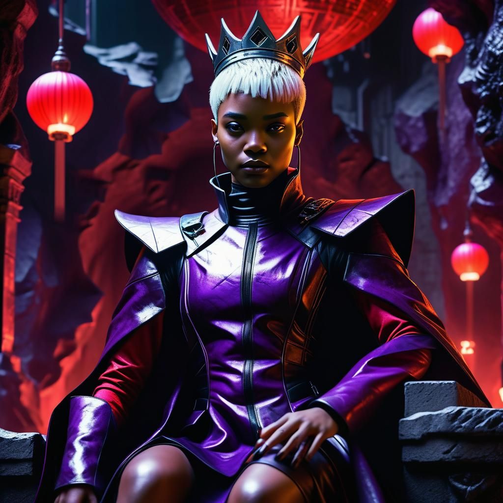 Cyberpunk Queen in Neon-Lit Throne Room