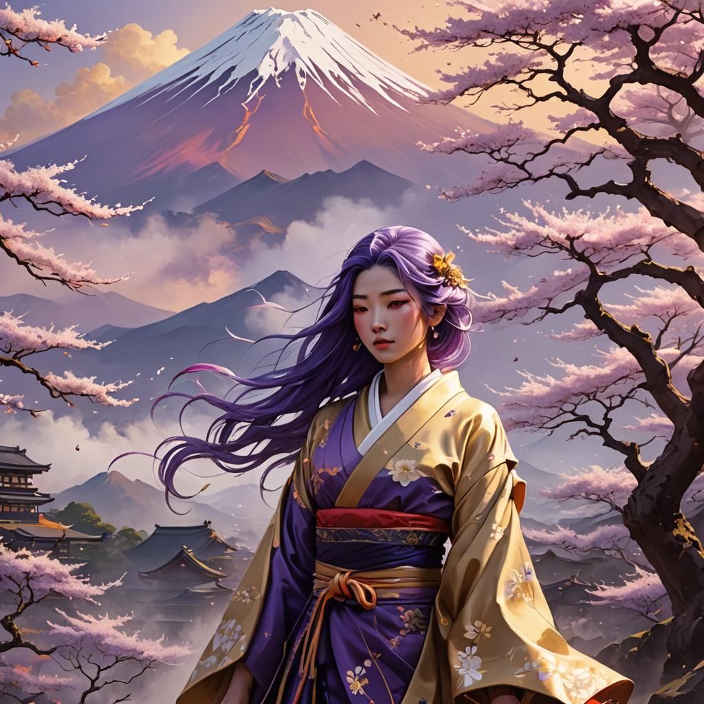 Girl with Purple Hair on Mount Fuji: Digital Art