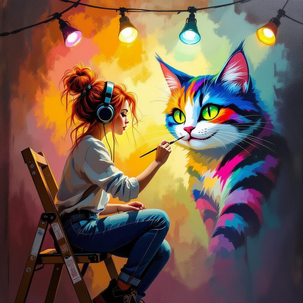 Woman Paints Cheshire Cat in Oil Painting Style