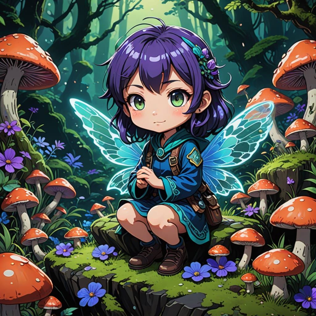 Chibi Shadowfire Fairy in Anime-Inspired Fantasy Scene