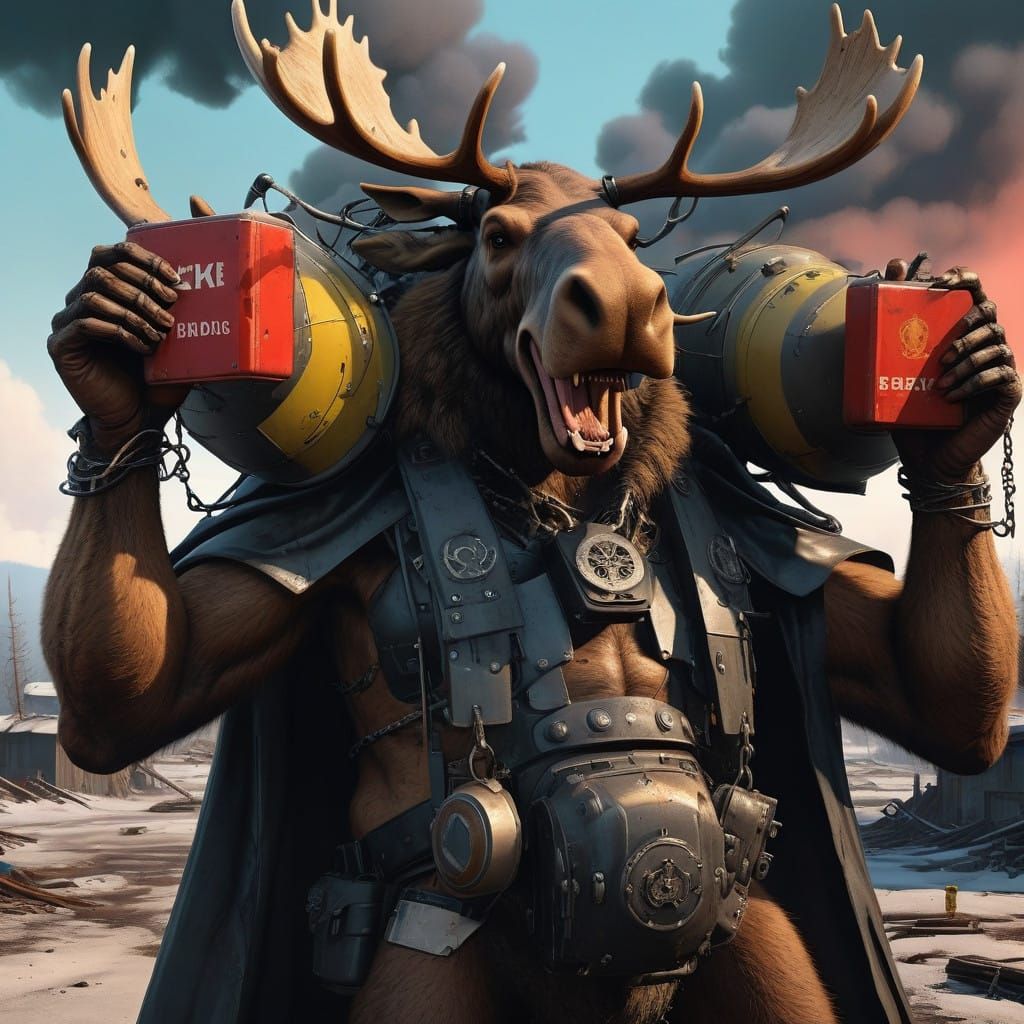 Hyperrealistic Warlord Moose in Post-Apocalyptic Ruins
