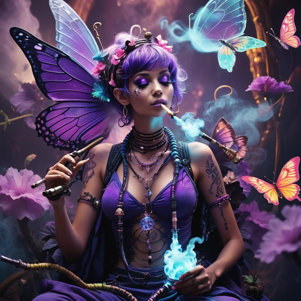 Pixie Smoking Hookah with Bioluminescent Insects
