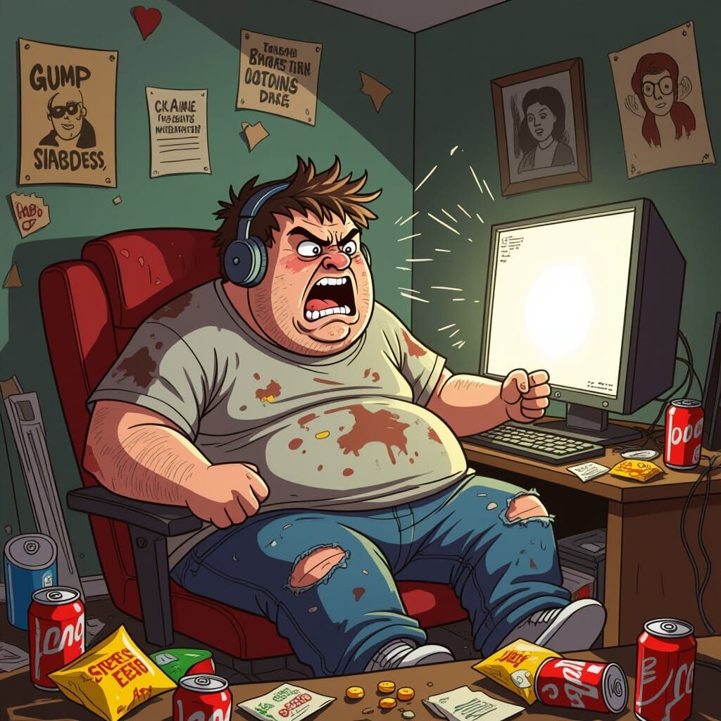 Angry Overweight Gamer in Caricatured Illustration Style