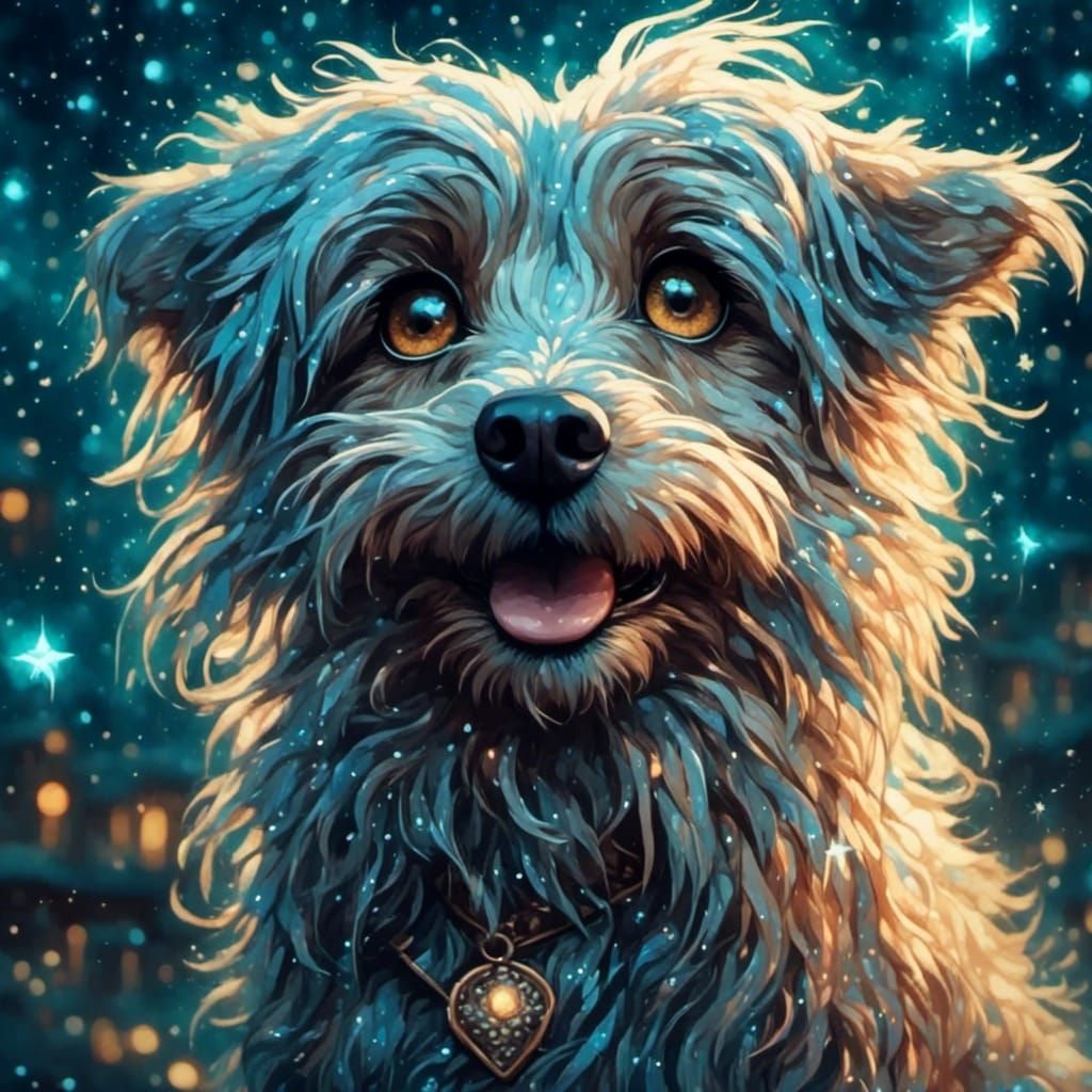 Funny Shaggy Dog Portrait with Shooting Stars