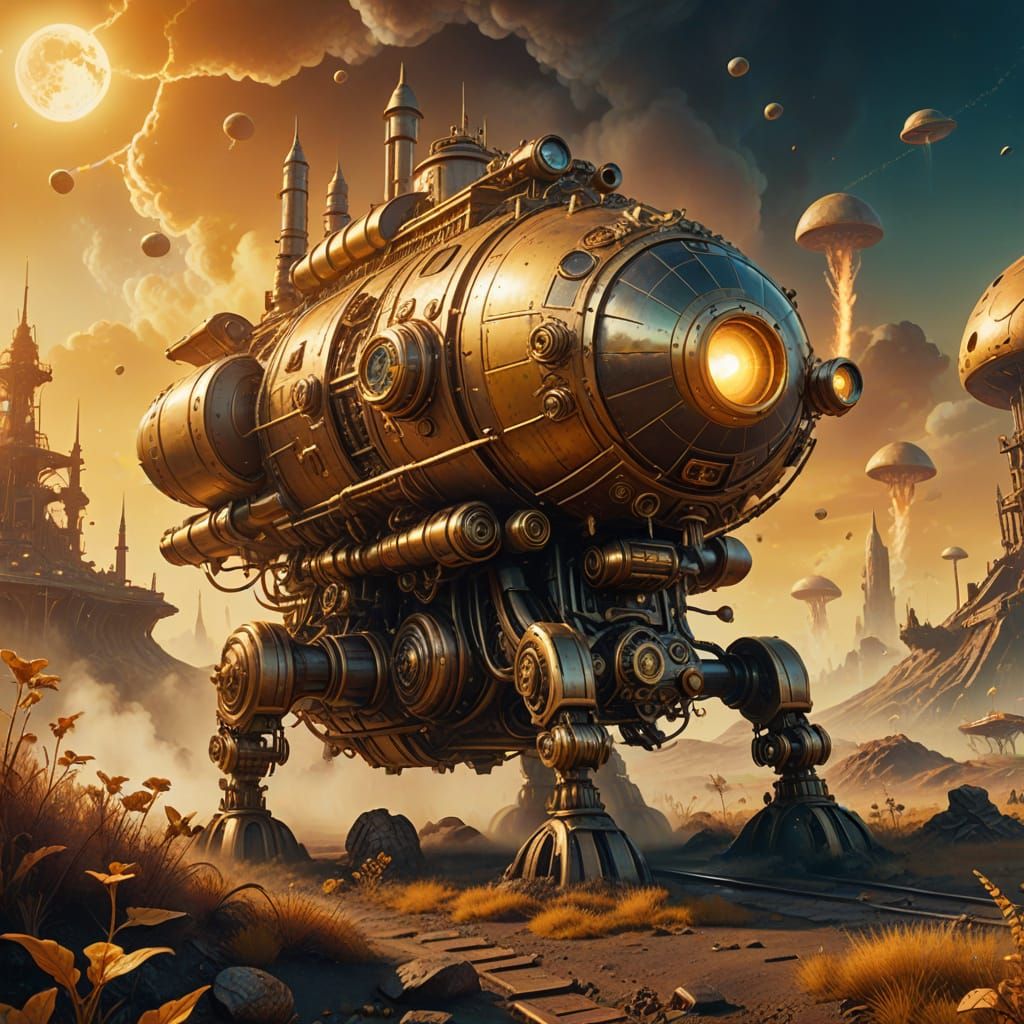 Steampunk Rocket Landing on Alien Planet in Digital Art