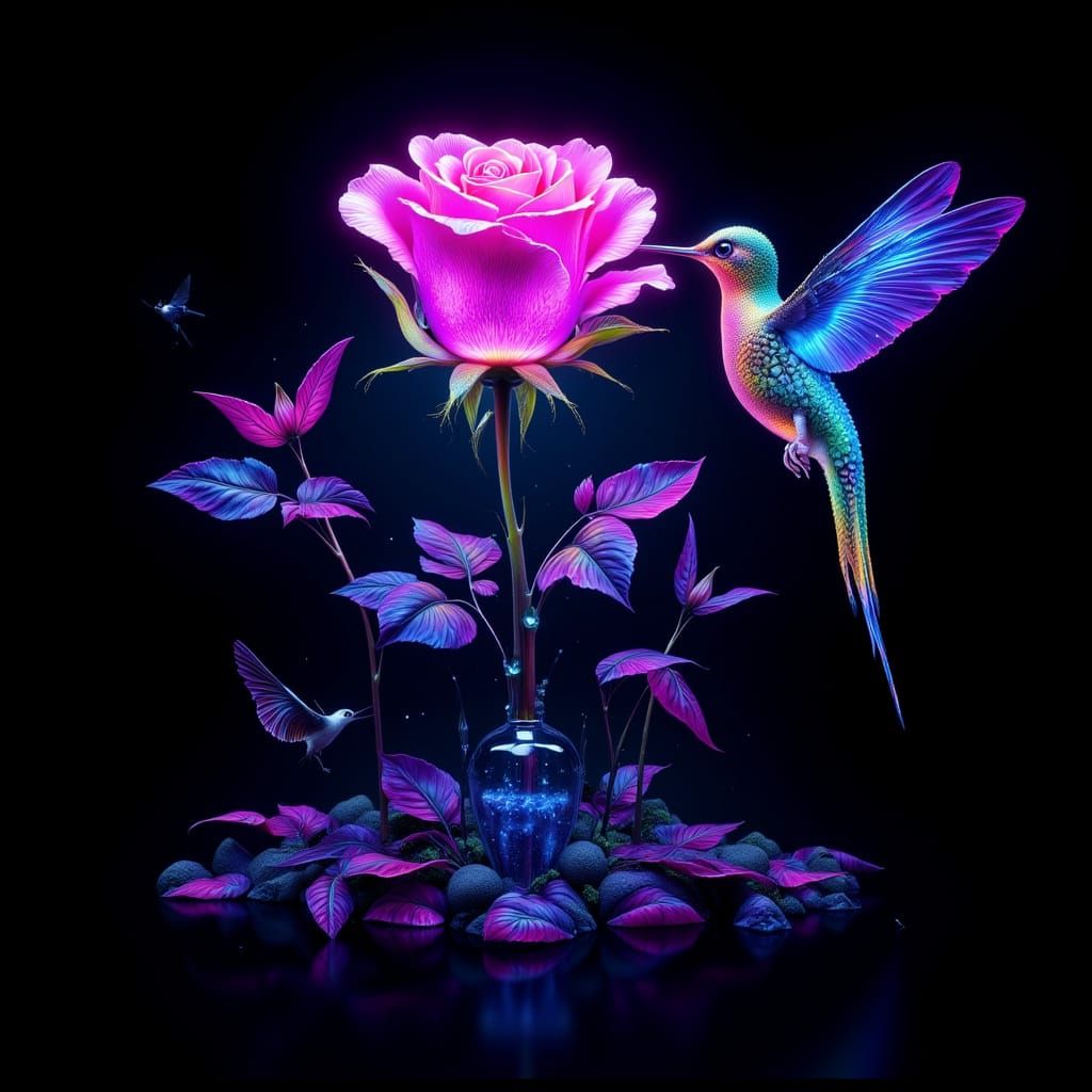 Hyper Realistic Bioluminescent Rose and Glowing Hummingbird ...