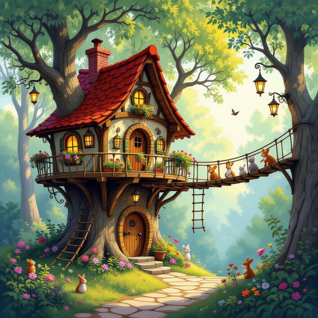 Enchanted Treehouse Village in Storybook Illustration Style