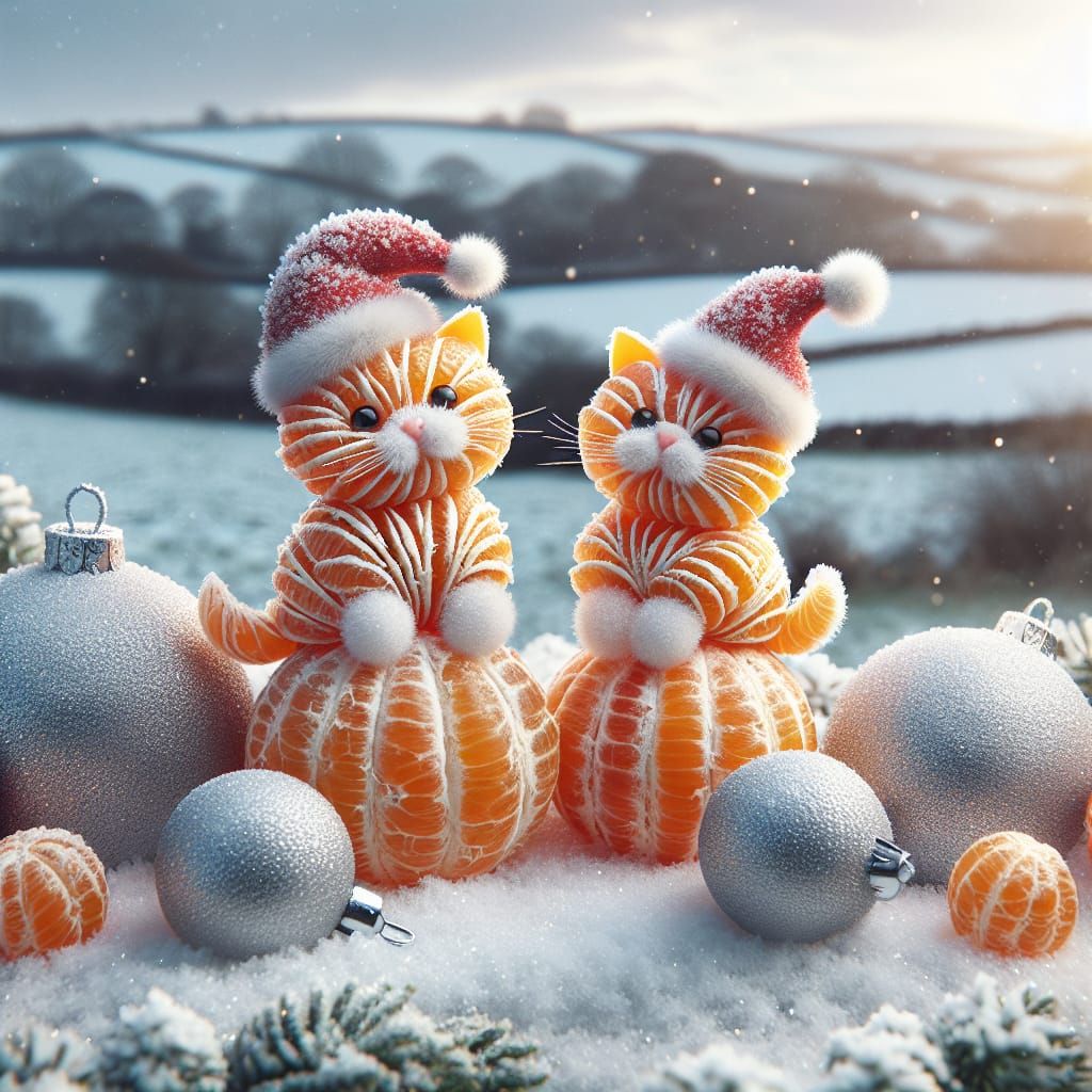 Whimsical Christmas Scene with Orangecat Kittens and Snowy B...