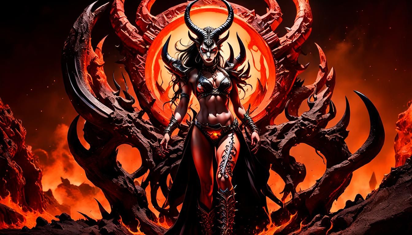 Fierce Demon Woman in Fiery Martian Landscape