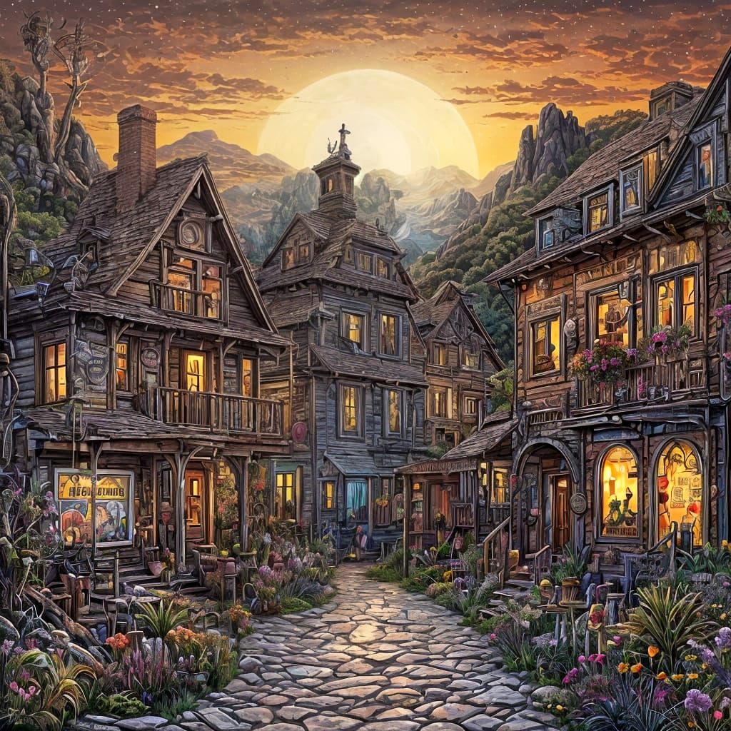 Whimsical Western Fantasy Landscape in Vibrant Impressionist...