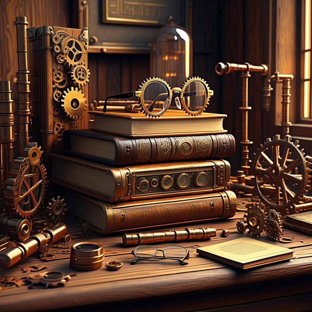 Steampunk Desk in Industrial Aesthetic with Intricate Gears...