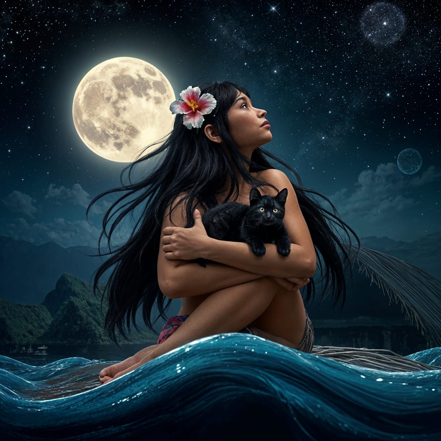 Samoan Girl's Whimsical Nighttime Moment with Black Kitten