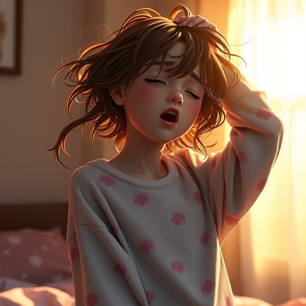 Sleepy Teenage Girl Stretches in Warm Morning Light