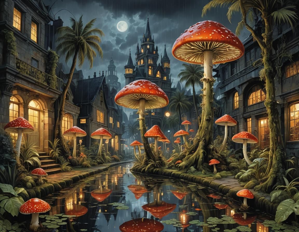 Gothic Surrealism: Night Fantasy With Mushrooms and Moons