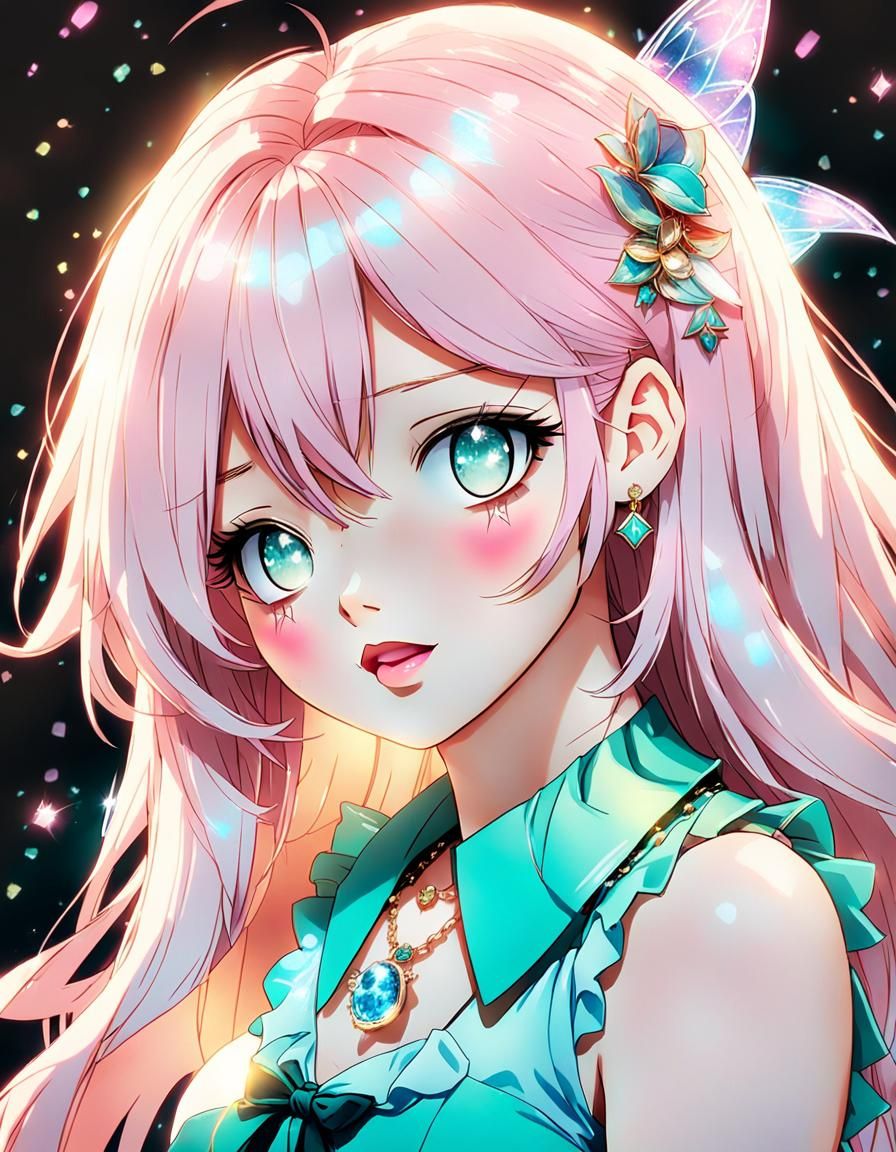 Anime Fairy Girl with Sparkling Eyes and Pastel Hair