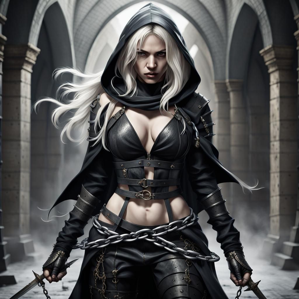 a fierce and stunning,blonde female assassin in a medieval s...
