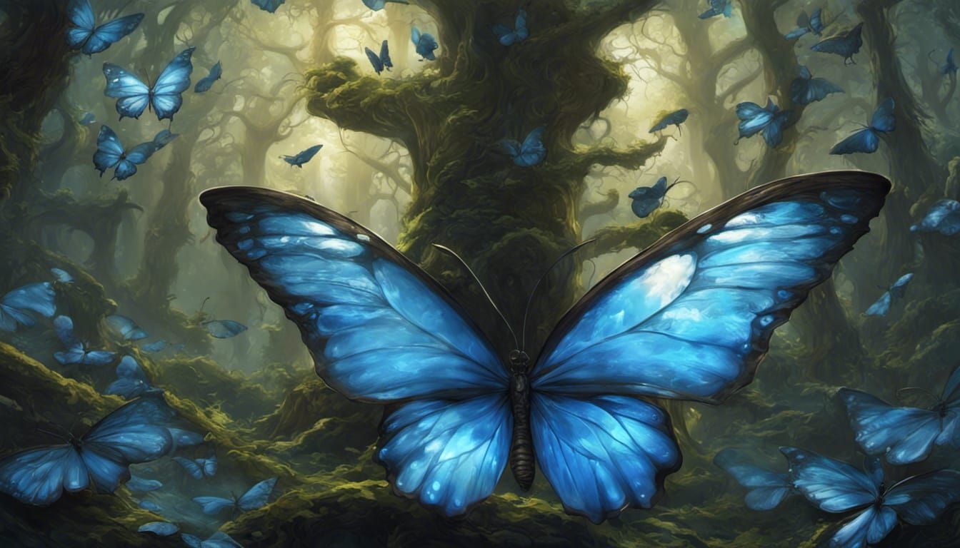 Blue Butterflies in Dreamy Forest: Fantasy Concept Art