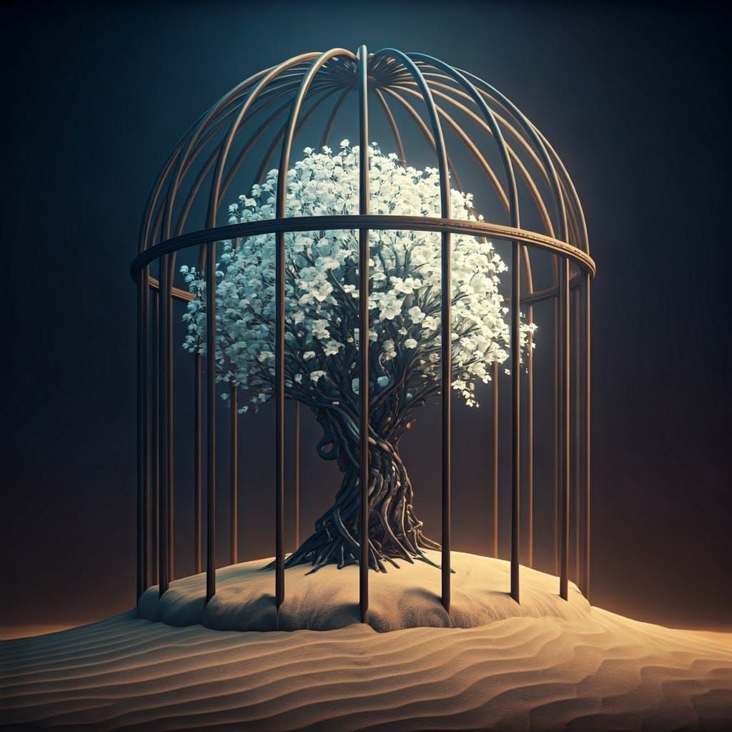 Mechanical Tree with Flowers in Sand and Glass Cage