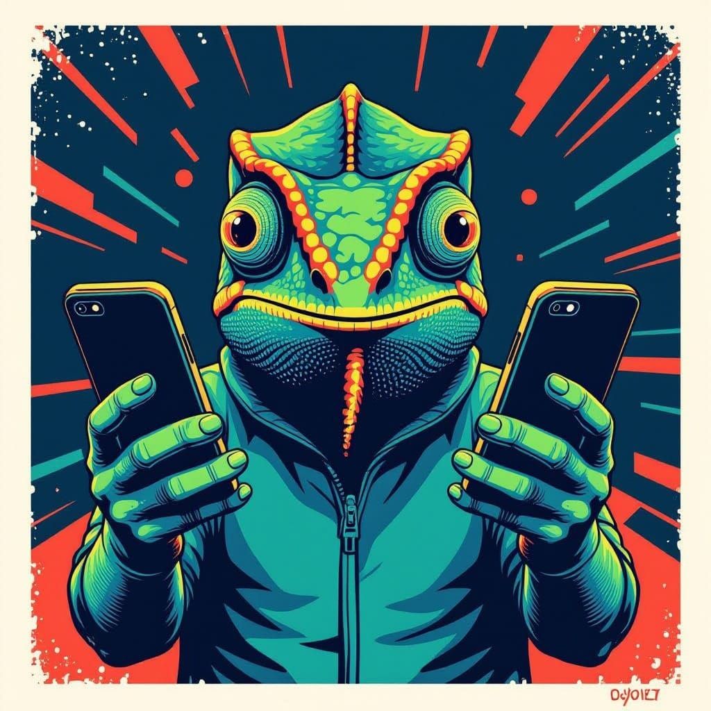 Chameleon Doomscrolling in Bold Vector Art