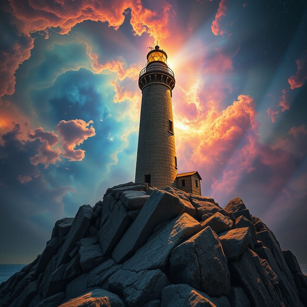 Weathered Lighthouse Shines Through Celestial Vortex in Dram...
