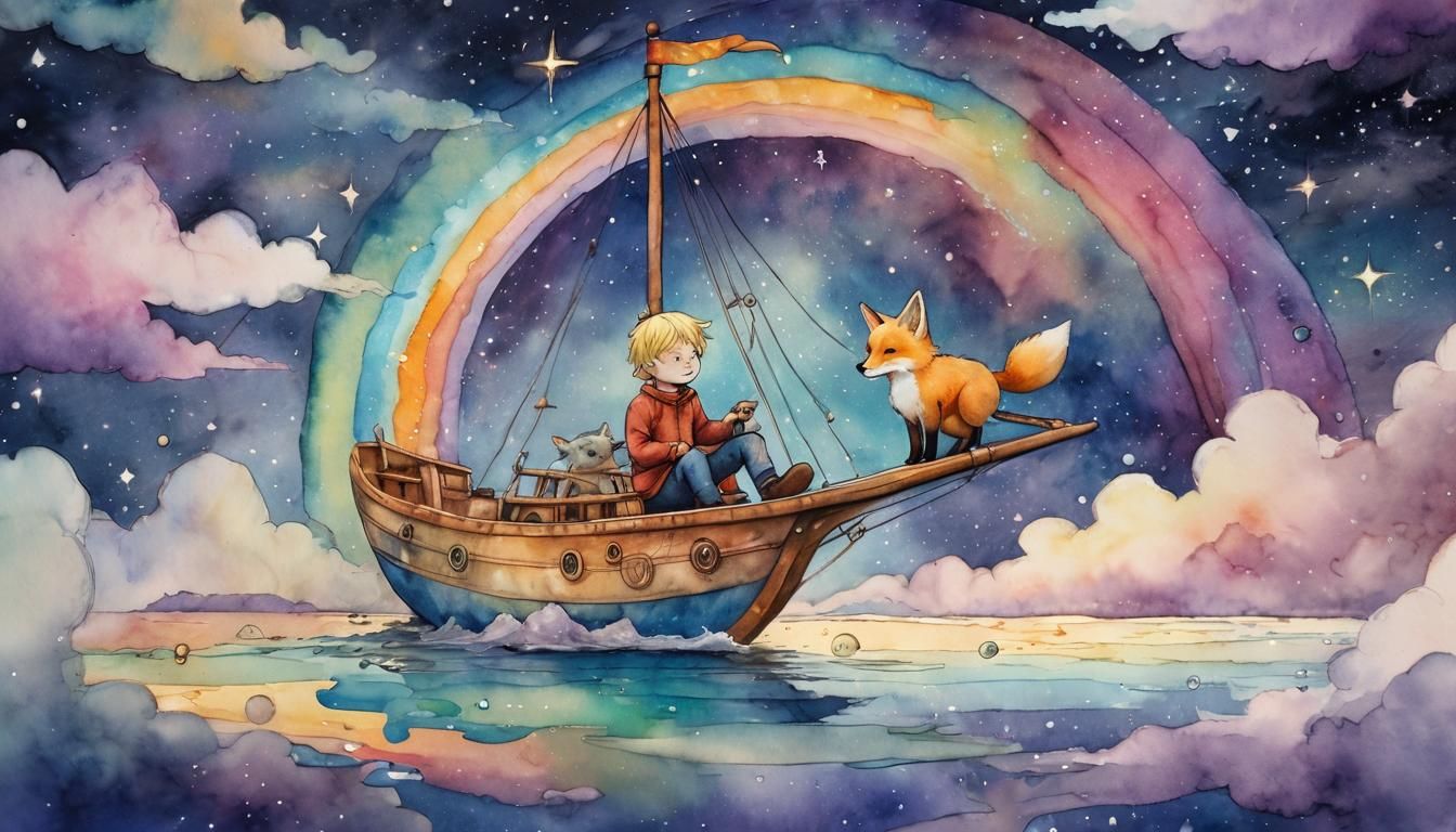 Cosmic Sailing Scene in Watercolour Style
