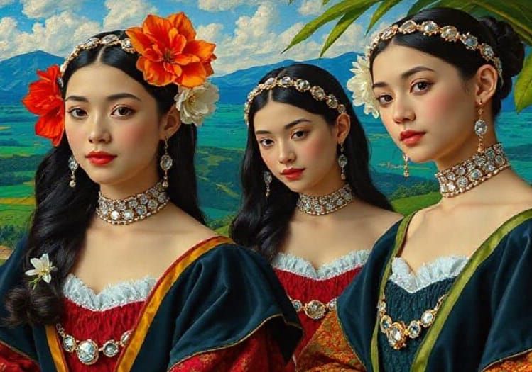 Surrealist Women in English Court Attire within a Neo-Expres...