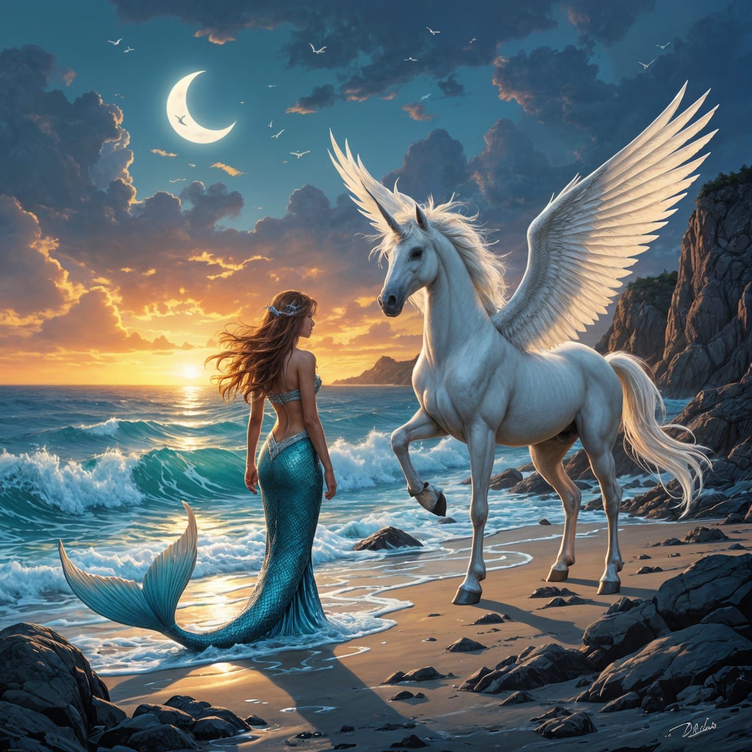 Mermaid and Pegasus on Rocky Shore in Comic Art Style