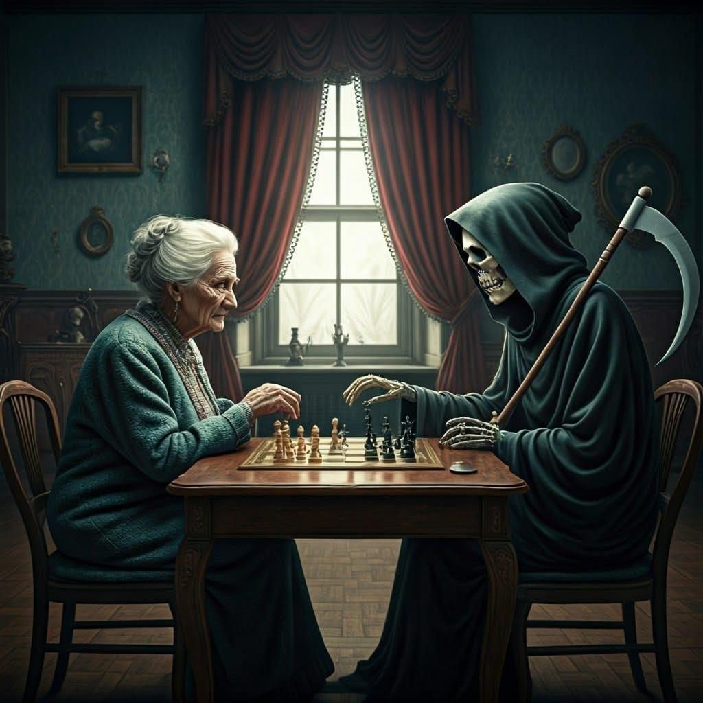 Grandma and Grim Reaper Playing Chess