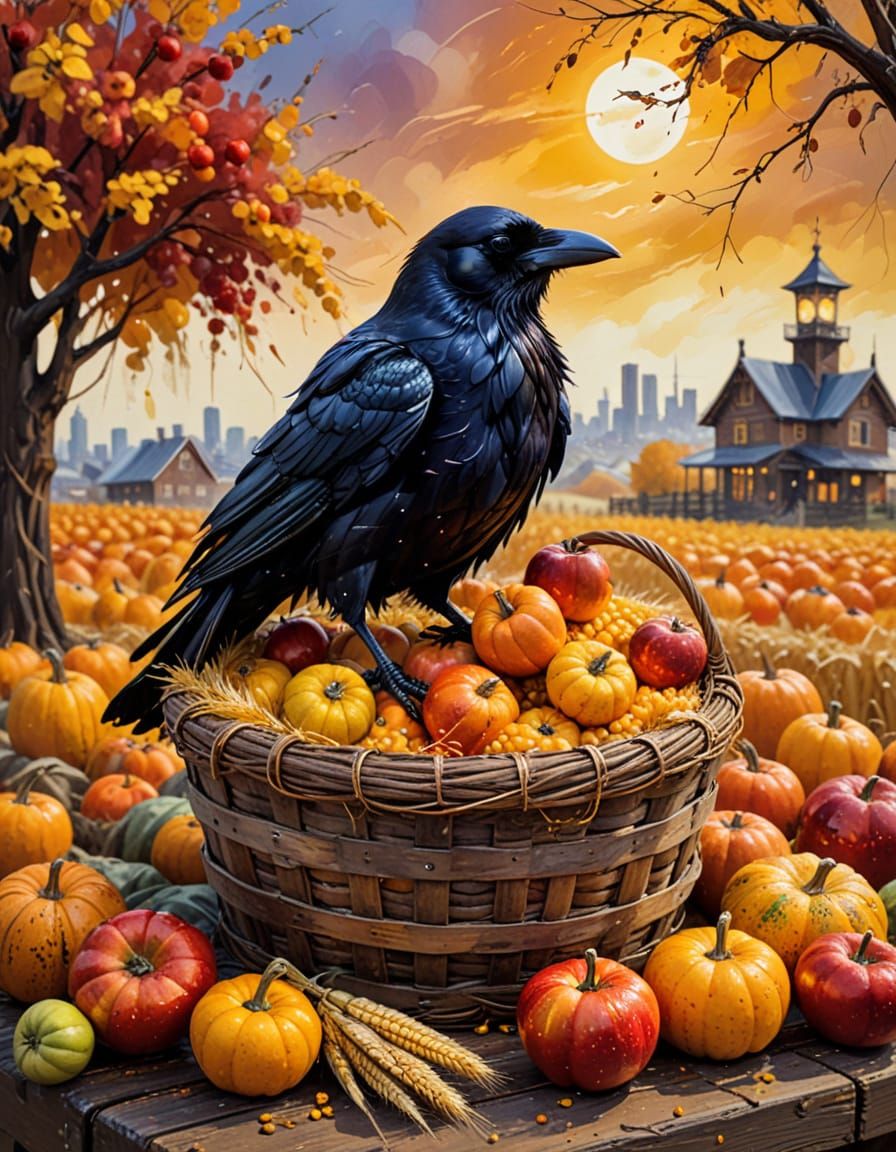 Raven in Steampunk Style Amidst Autumn Harvest