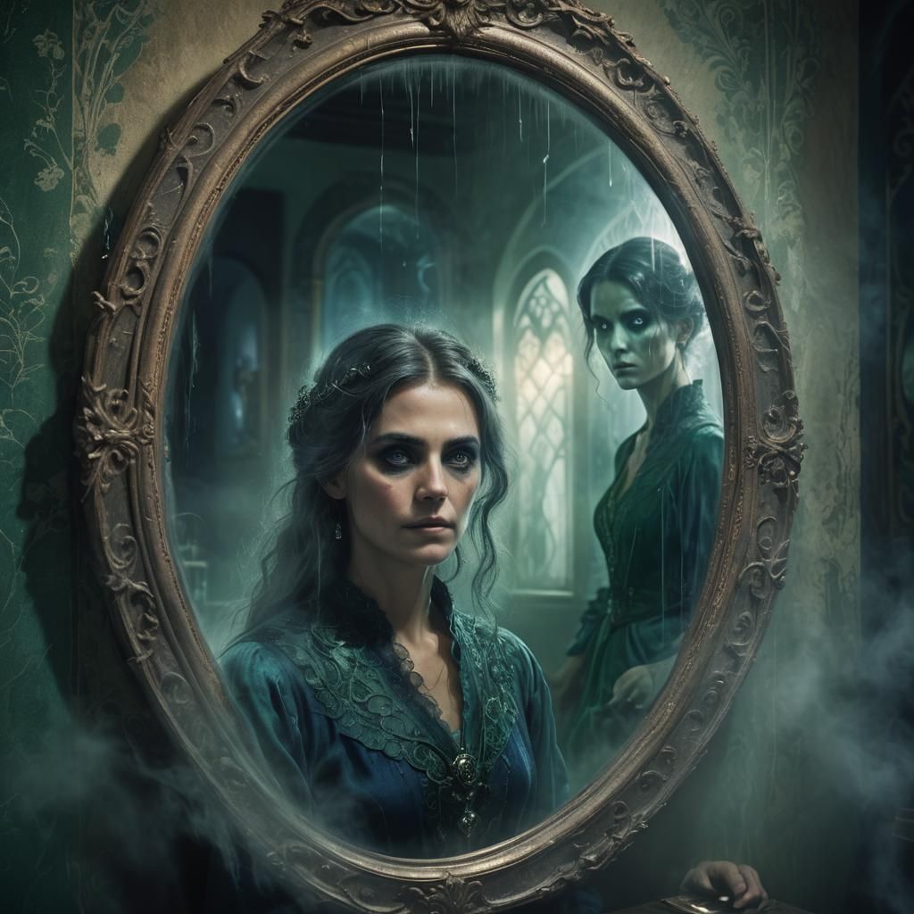 Woman and Ghostly Reflection in Mystical Mirror