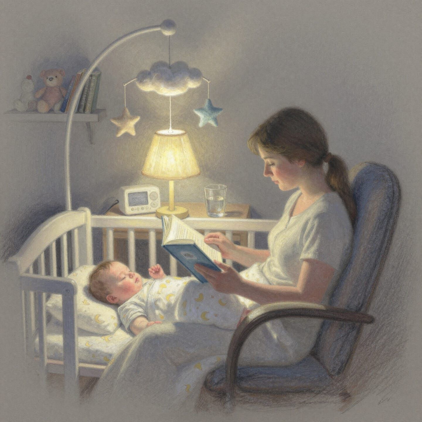 Soft Pastel Drawing of Parent Reading by Crib