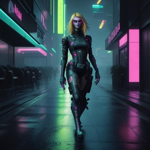 Cyberpunk Tarot Reader at Crossroads in Neon Cityscape