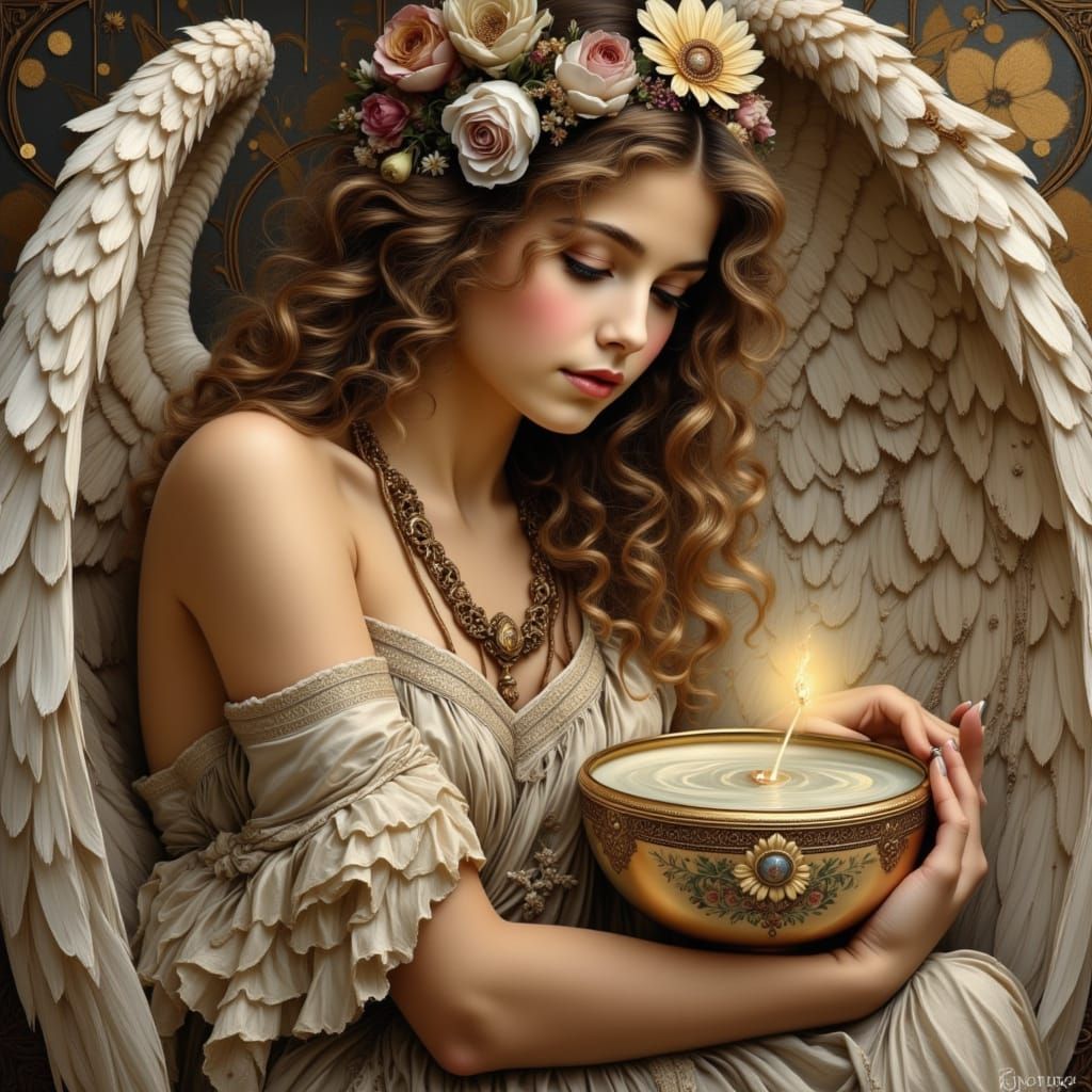 Contemplative Angel Gazes into Water Bowl