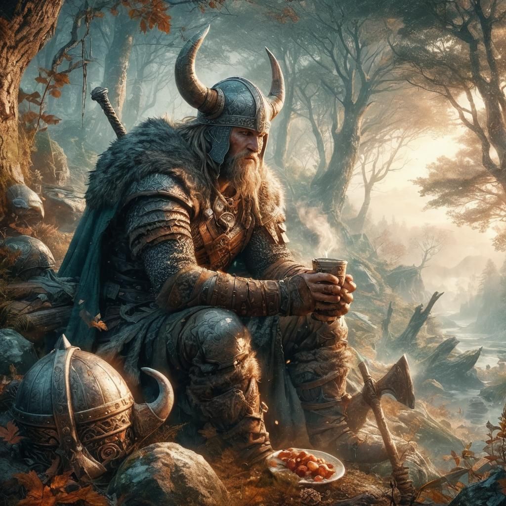 Viking Warrior's Morning Coffee in Forest