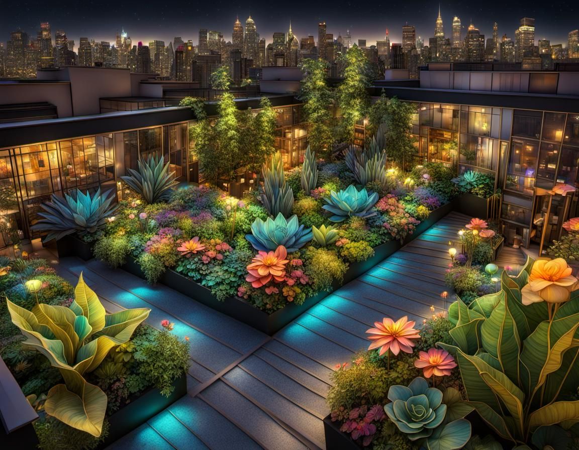 Surreal Rooftop Garden in Alcohol Ink Style