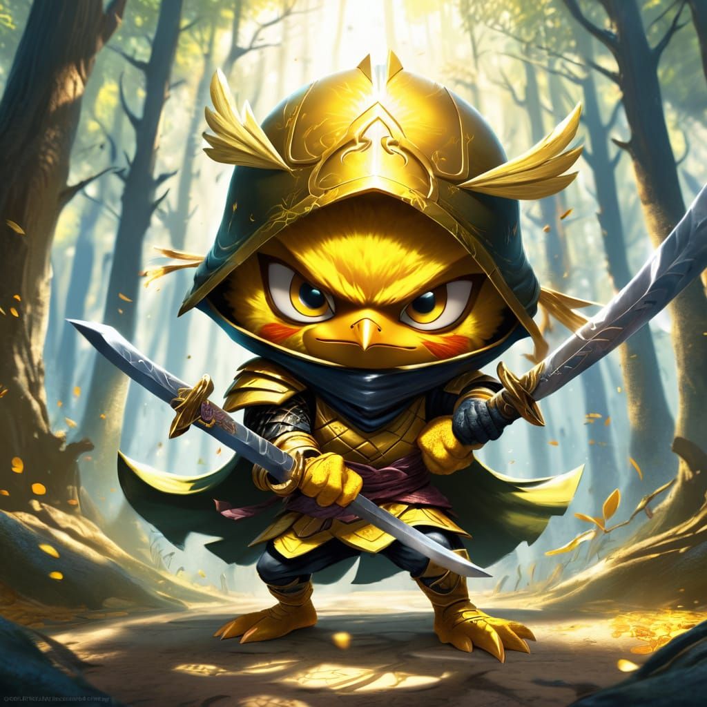 Angry Ninja Chick in Golden Armor, Fantasy Art