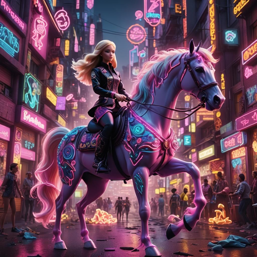 Barbie Rides a Neon Horse in Digital Painting