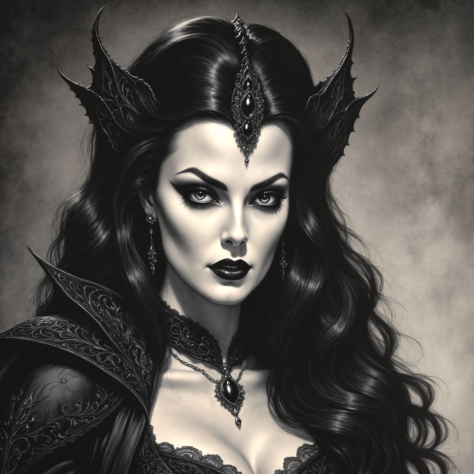 Elegant Female Vampire in Charcoal Drawing