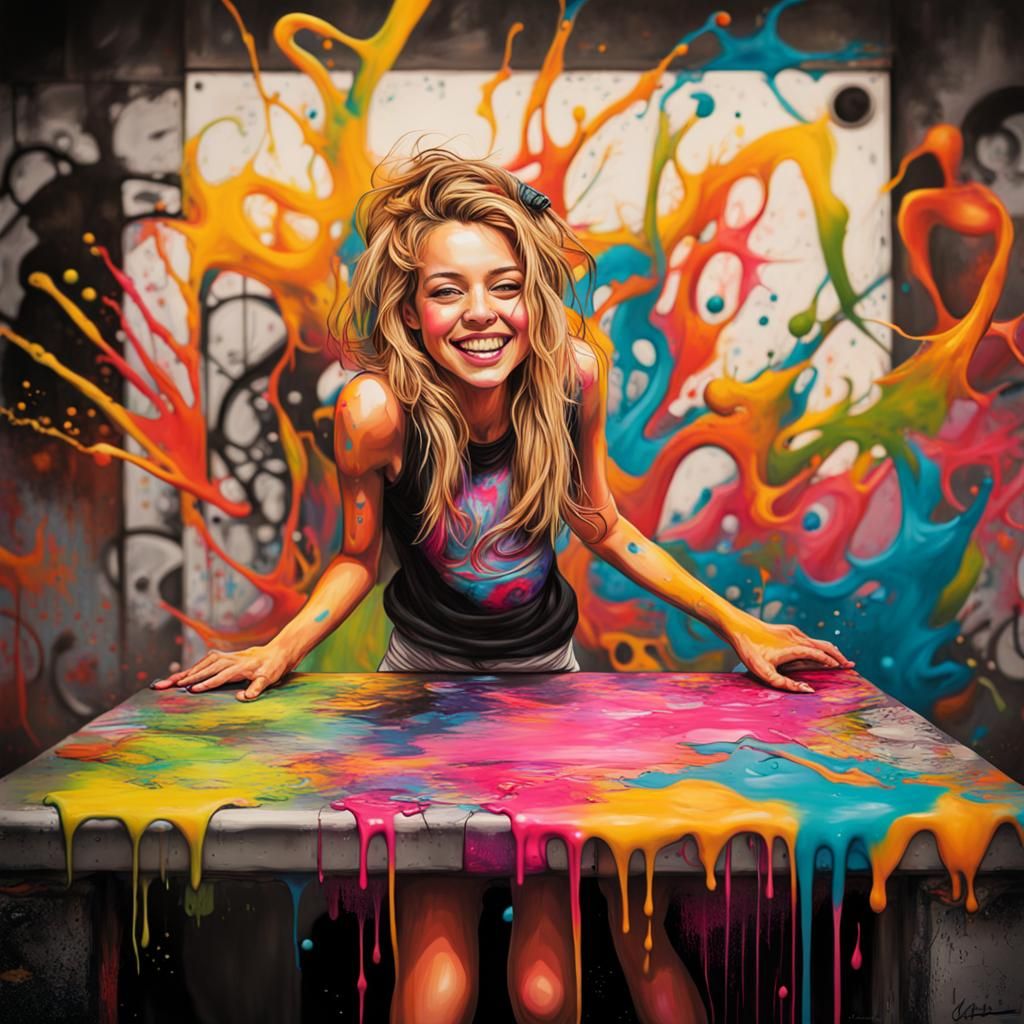 Joyful Girls in Colorful Graffiti Street Art