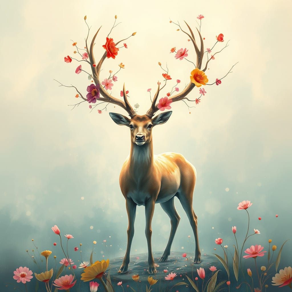 Ethereal Deer in Soft Mint Dreamscape, Abstract Art Fantasy...