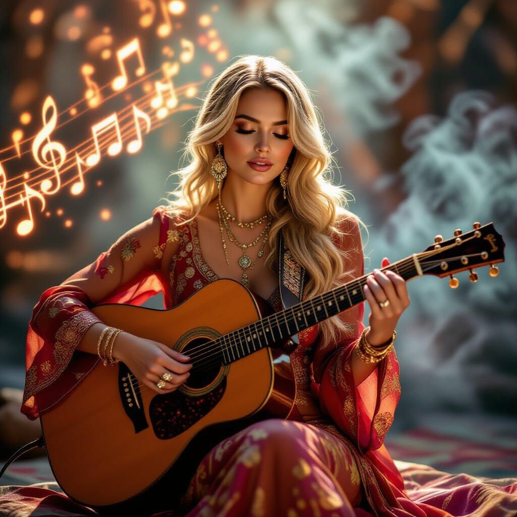 Blonde Woman Playing Guitar with Glowing Notes in Mystical M...