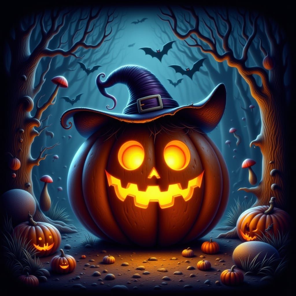Mischievous Pumpkin Witch in Gothic Forest