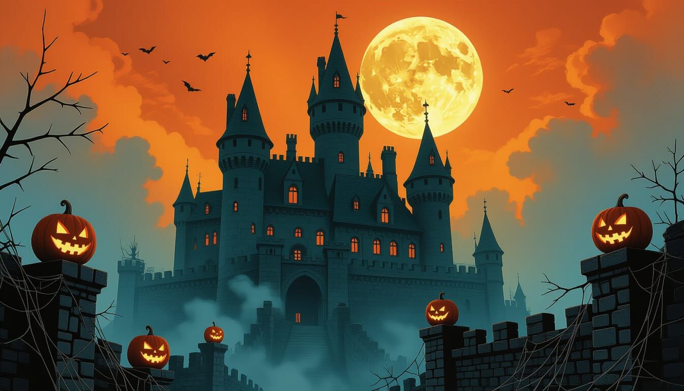 Gothic Castle Under Eerie Halloween Moon