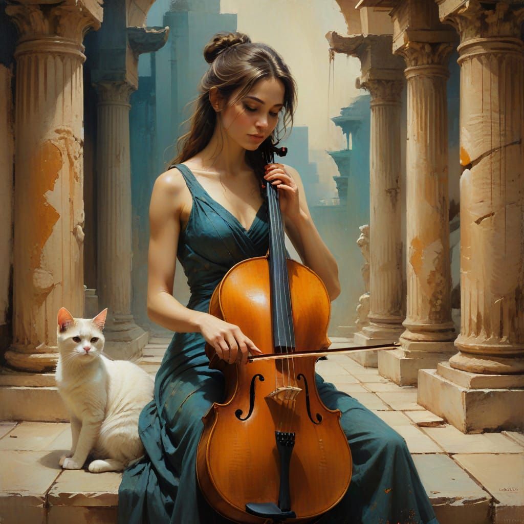 A Young Cellist Surrounded by a Cat in a Stunning Ancient Gr...